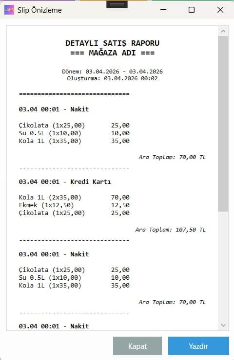 Detaylı Satış Rapor Slip