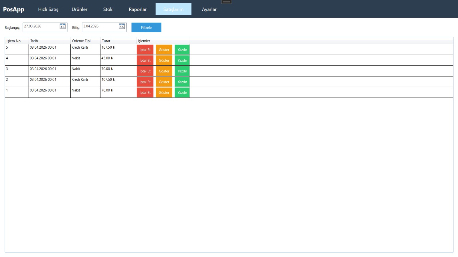 Satışlarım Ekranı